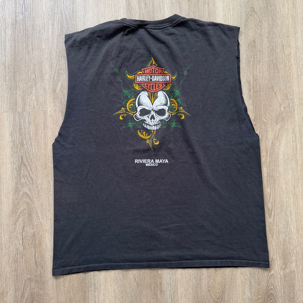 Y2K Harley Davidson Skull Flame Motorcycle Mexico Riviera Maya Cut Off Sleeve XL
